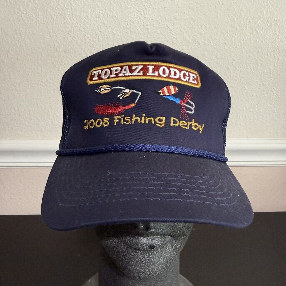 Vintage 2008 Topaz Lodge Fishing Derby Blue Snapback Trucker Hat Rope Cap Lures